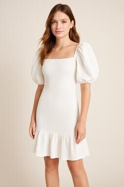 NWOT Rachel Parcell Cotton White Puff Sleeve Smocked Mini Dress | Ruffle Hem | L